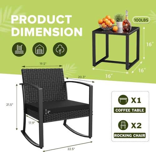 Vista 4 de Homall - Juego de muebles de patio de 3 piezas de resina para uso en exteriores - Juego de bistró con sillas de columpio acolchadas y mesa para Negro