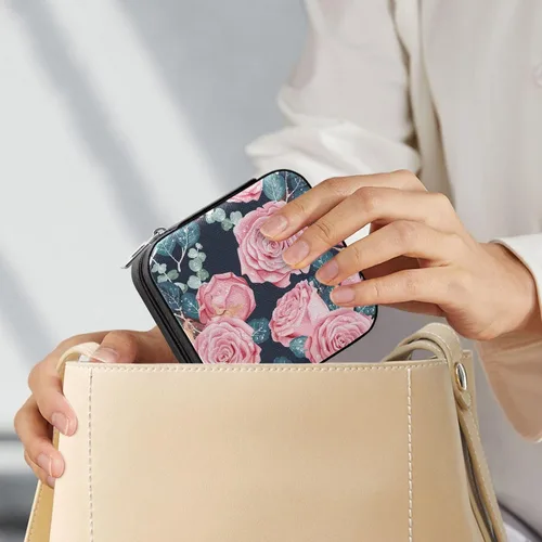 Vista 7 de GUIJI Pink Roses PU Leather Jewelry Organizer, Portable Small Jewelry Box Travel Jewelry Case Earrings Necklace Bracelet Rings for Women Girls