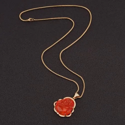 Vista 3 de ASGIFT Collar de Buda sonriente con circonita cúbica, colgante de Buda de jade verde con cadena chapada en oro de 18 quilates, collar de Buda
