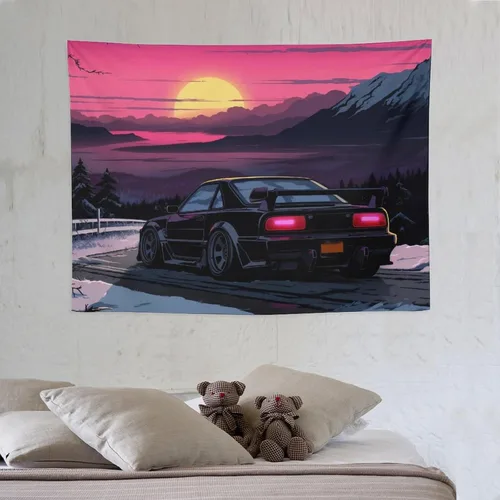 Vista 6 de QEOPGNE Tapiz de pared grande Jdm Anime Sunset Japanese Car S13, tapiz de pared para dormitorio, sala de estar, decoración estética, tapices de 30 x