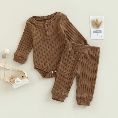 Vista 3 de Conjunto de ropa para bebé recién nacido, conjunto de ropa acanalada para bebé, otoño e invierno, mameluco de color liso con pantalones largos