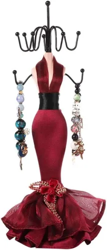 Vista 3 de Soporte de joyería, 4 piezas con colgante, collar, aretes, pulsera, anillo, zapatos, vestido, joyería, modelo, soporte de exhibición (rojo vino)