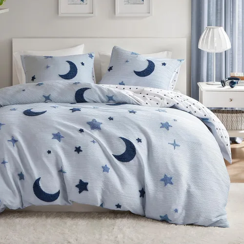 Vista 15 de Intelligent Design Kids Cosmos Juego de Edredón Tamaño Twin – Chenilla Tufted con Estrella Azul y Luna, Ropa de Cama Reversible de 2 Piezas