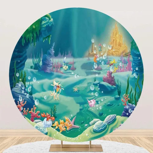 Vista 3 de Leowefowa Fondo redondo de poliéster Under The Sea de 3.3 x 3.3 ft, pez villancico del océano, castillo de cuento de hadas, fondo de fotos de primer