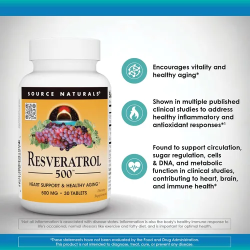 Vista 6 de Source Naturals Resveratrol 550, Apoyo al Corazón y Envejecimiento Saludable*, 500 mg - 30 Tabletas