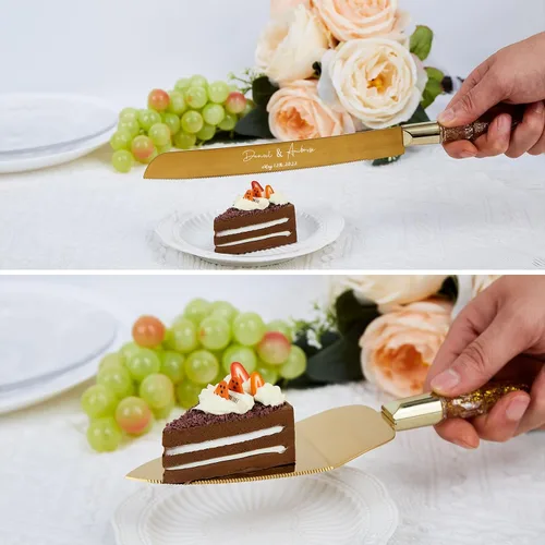 Vista 4 de Juego de cuchillo personalizado para tartas y servidor, cuchillo y servidor para tartas doradas, cubiertos de boda personalizados para una ceremonia