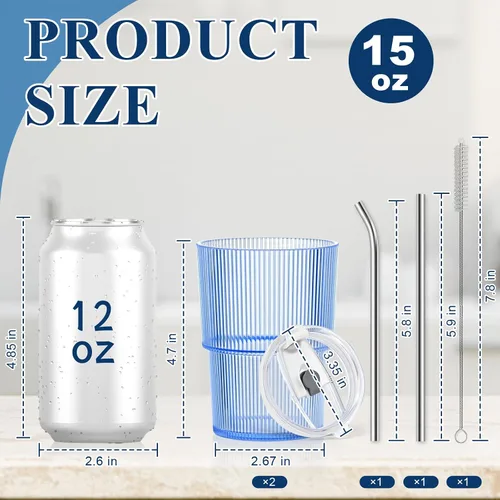 Vista 2 de 2 vasos de plástico de 15 onzas con tapas y pajita, tazas de plástico reutilizables para café helado, a prueba de fugas, vasos de viaje para café