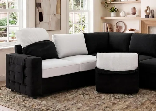 Vista 5 de HONBAY Sofá cama seccional con cama extraíble, sofá seccional en forma de U con diván de almacenamiento, sofá seccional de 6 plazas, terciopelo negro
