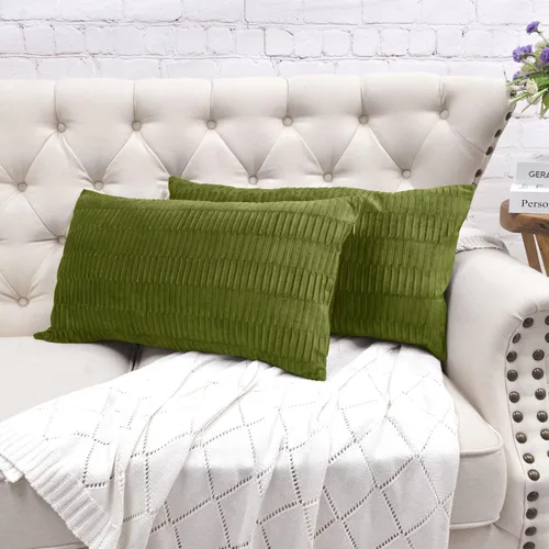 Vista 36 de Juego de 2 fundas de almohada decorativas de terciopelo a rayas plisadas de 14 x 26 pulgadas, funda de cojín rectangular suave y elegante para sofá