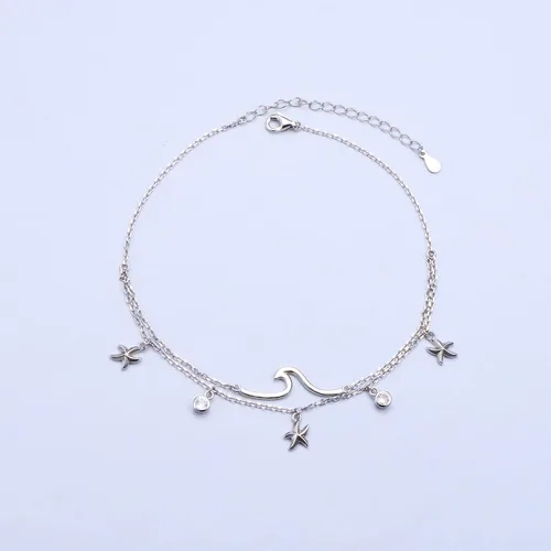 Vista 3 de Tobillera ondulada para mujer, de plata de ley S925, ajustable, con estrellas de mar en capas, océano, playa, mar, tobillera