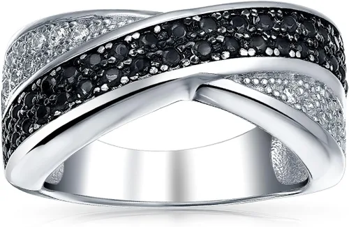 Vista 3 de Bling Jewelry Two Tone Black And White Pave Cubic Zirconia CZ Criss-Cross X Band Ring For Women For Girlfriend .925 Sterling Silver