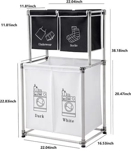 Vista 3 de Cesta de lavandería vertical de 2 niveles con 4 bolsas extraíbles para lavandería, con cuatro ruedas para fácil movimiento, espacios pequeños