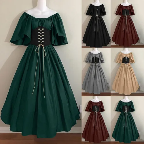 Vista 4 de Qliuoazw Vestidos renacentistas para mujer, con corsé medieval de hadas, vestido de baile, campesina, vikingo, irlandés, disfraces góticos y punk