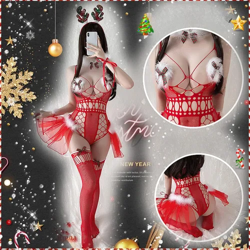 Vista 2 de SINGUYUN Lencería de Navidad para mujer, diseño de Papá Noel, sexy, con calcetines