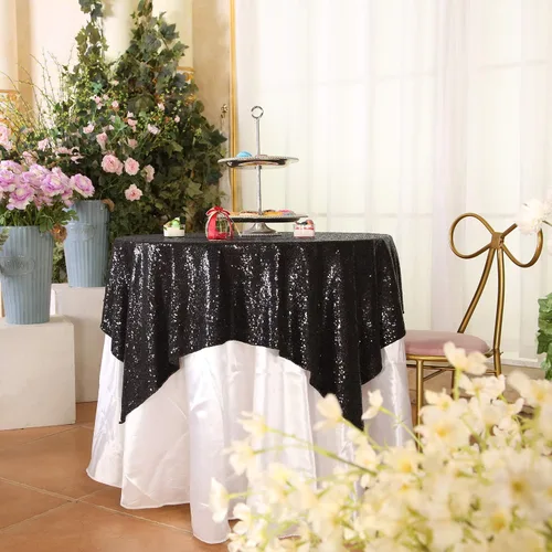Vista 2 de Mantel cuadrado de lentejuelas negro brillante de Eternal Beauty, para decoración de bodas, fiestas, cumpleaños, baby shower, Navidad, 48"x48