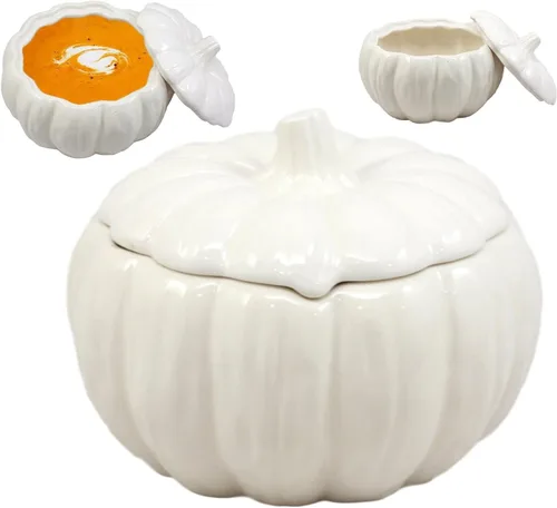 Vista 11 de Ebros Gift Cuenco blanco de cerámica de la calabaza de la cosecha del gres con la tapa 6" diámetro (1)