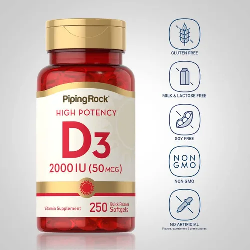 Vista 3 de Piping Rock Vitamina D3 2000 UI 250 cápsulas blandas Alta potencia Suplemento colecalciferol Sin OMG, sin gluten