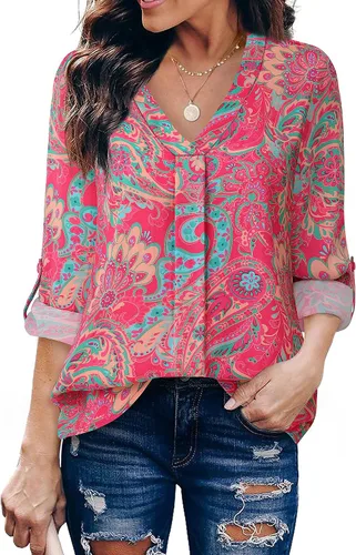 Vista 9 de Youtalia Blusas para mujer, elegantes, informales, de negocios, manga 3/4, de gasa, cuello en V, camisas de trabajo y oficina