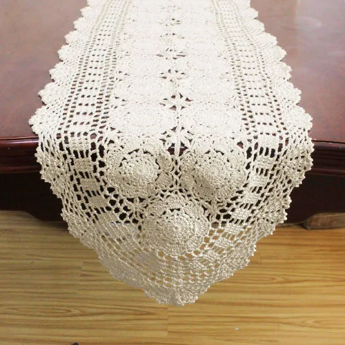 Vista 4 de KEPSWET Camino de mesa ovalado de encaje de ganchillo hecho a mano de algodón para mesa de café, mesa de café, soporte de TV, decoración beige 14 x