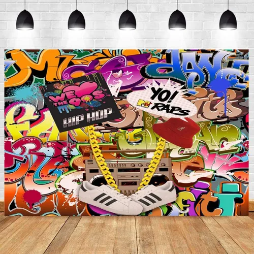 Vista 2 de Fondo de fotografía de graffiti colorido de los años 80 y 90 con tema de hip hop, accesorios de estudio, suministros de música retro, fondo de fotos
