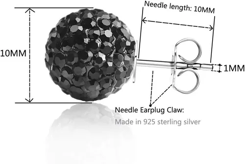Vista 3 de Aretes de tuerca de plata fina 925 con bola de cristal 8 mm 10 mm