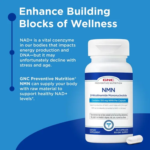 Vista 2 de GNC Nutrición preventiva NMN, 150 mg, suplemento potenciador NAD+ para energía celular y reparación del ADN, apoyo antienvejecimiento, 60 cápsulas
