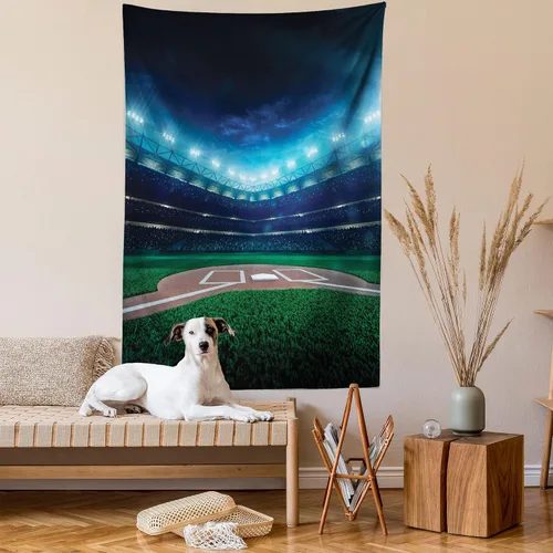 Vista 2 de Ambesonne Tapiz de béisbol, campo de béisbol profesional por la noche, impresión vibrante del parque infantil de la liga del estadio, para colgar