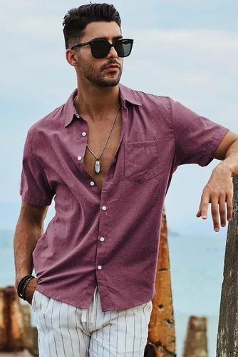 Vista 49 de JMIERR Camisas de vestir a rayas con botones y manga corta para hombre
