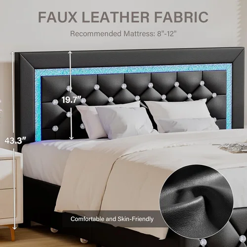 Vista 4 de BarnFurin Marcos de Cama Individual con Luces LED y Cajones de Almacenamiento, Marco de Cama Tapizado con Cabecera de Diamante, Cama de Plataforma