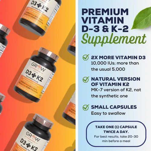 Vista 6 de grow vitamin Aceite D3 K2 con MCT - 10,000 UI D3, 100 mcg K2 MK7, calcio, zinc, bioperina, magnesio para una absorción superior - 60 cápsulas