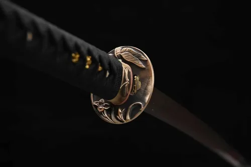 Vista 6 de Espada Katana templada de arcilla hecha a mano de 41 pulgadas, espada samurai de espiga completa de acero, mango de piel de rayos reales, tsuba