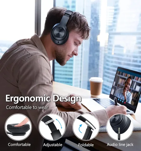 Vista 3 de Auriculares Bluetooth sobre la oreja, 60 horas de reproducción, plegables, inalámbricos, Bluetooth Hi-Fi estéreo de graves profundos con 6 modos