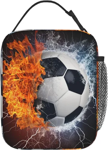 Vista 2 de Fiambrera deportiva con pelota de fútbol para niños, adultos, niñas, niños, bolsa de almuerzo refrigerante, reutilizable, aislada, bolsa
