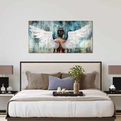Vista 2 de LevvArts Lienzo decorativo para pared, diseño de mujer negra con alas de ángel, impresiones de pintura de niña negra, obras de arte rústicas