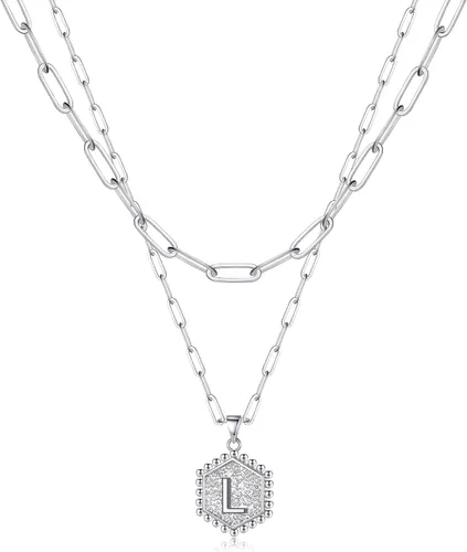 Vista 17 de M MOOHAM - Delicado collar de oro para mujer, de 14 quilates, en capas, lindos collares con letra hexagonal con inicial para mujer, regalos
