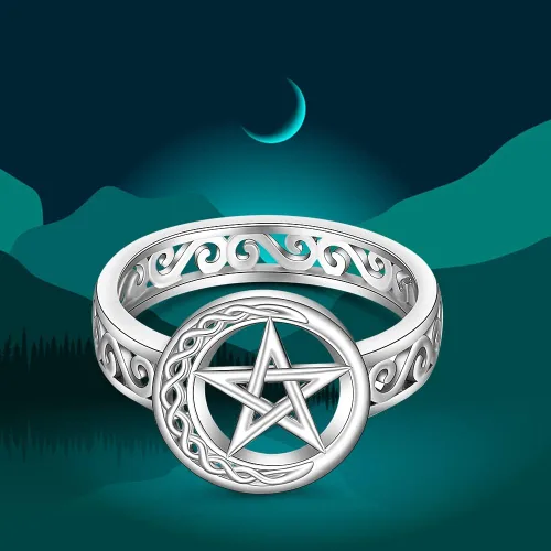 Vista 5 de Talonior Anillo de pentagrama con pentáculo para mujer, nudo celta, luna creciente, bruja, wicca, anillos paganos, plata de ley, amuleto, estrella