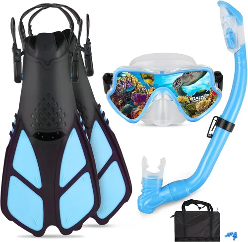 Vista 10 de Juego de esnórquel para niños – Aletas ajustables + máscara de esnórquel panorámica + tubo de esnórquel seco + bolsas de viaje – Adecuado para niños