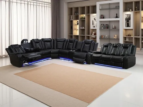 Vista 26 de Juego de sofá de cuero transpirable con puerto USB, 5 sofás seccionales reclinables en forma de L y 2 sillas, juego de sofá seccional reclinable