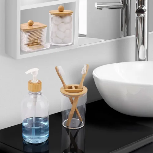 Vista 4 de Juego de accesorios de baño de bambú, 4 piezas, soporte para cepillos de dientes transparente, dispensador de jabón de plástico y 2 soportes