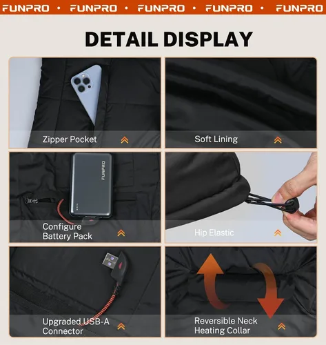Vista 2 de FUNPRO Heated Vest men, Lightweight Heated Jacket with 10000mAh Battery Pack, 5 in 1 Smart Controller, Lights-out Design