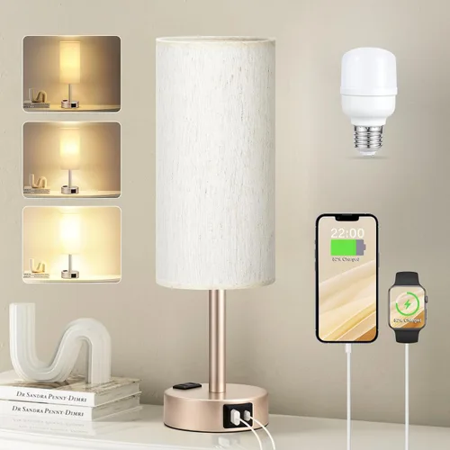 Vista 25 de Fenmzee Juego de lámparas de mesa pequeñas táctiles regulables de 2 a 3 vías, carga USB A + C, salida de CA, base de grano de madera, bombillas