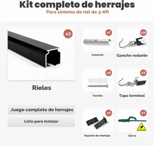 Vista 8 de ChadMade Kit de riel de cortina para montaje en techo o pared con ganchos, 3 pies a 6 pies de longitud ajustable para sala de estar, dormitorio