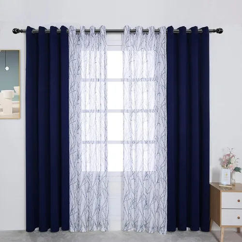 Vista 10 de BONZER Cortinas para Mezclar y Combinar - 2 Piezas de Cortinas Transparentes con Estampado de Ramas y 2 Piezas de Cortinas Opacas para Dormitorio