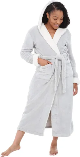 Vista 8 de Alexander Del Rossa - Bata de baño larga de cálido y suave vellón, con capucha, para mujer, para el invierno Negro