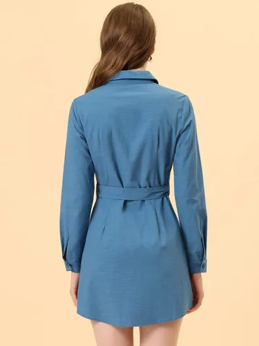 Vista 3 de Allegra K Vestido camisero con cuello con botones y mangas enrollables con cinturón para mujer