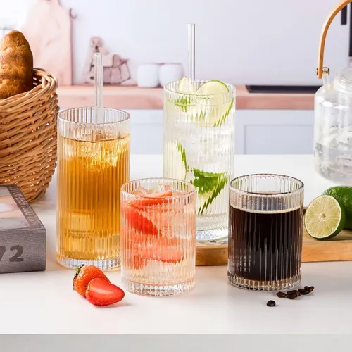 Vista 3 de WHJY Vasos altos de cristalería acanalados, vasos cortos únicos para uso diario, juego de 4 vasos para cóctel, whisky, cerveza, jugo, 8.8 onzas, 3.7