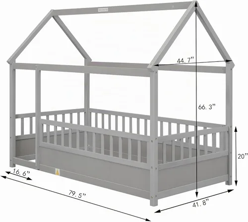 Vista 2 de Harper & Bright Designs Marco de cama de piso de casa de tamaño individual con valla, cama Montessori de madera con marco de techo de casa Gris