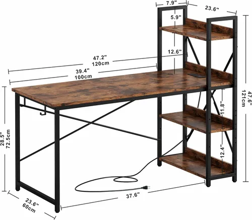 Vista 6 de IRONCK Escritorio para computadora de 47 pulgadas con toma de corriente y estantes de almacenamiento, mesa de estudio y escritura con estación