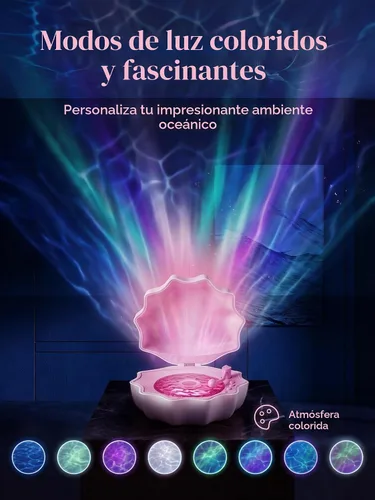 Vista 3 de Luz Proyector de Olas del Océano, Luz Nocturna de Concha con Altavoz Bluetooth Integrado, Control Remoto, Ruidos Blancos para Decoración