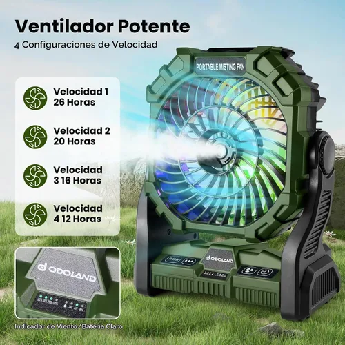 Vista 2 de Odoland Ventilador portátil para campamento con linterna LED, ventilador recargable a batería de 20,000 mAh con función de nebulización y luz